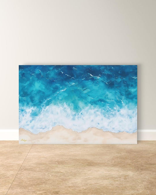 Ocean Wave Beach Canvas & Framed Canvas Wall Art, Coastal Seascape Painting, Tropical Blue Sea Home Decor Art Print