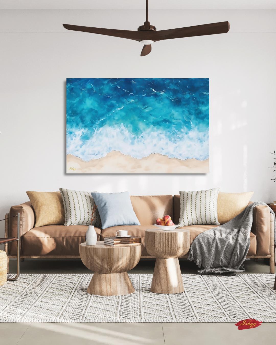 Ocean Wave Beach Canvas & Framed Canvas Wall Art, Coastal Seascape Painting, Tropical Blue Sea Home Decor Art Print