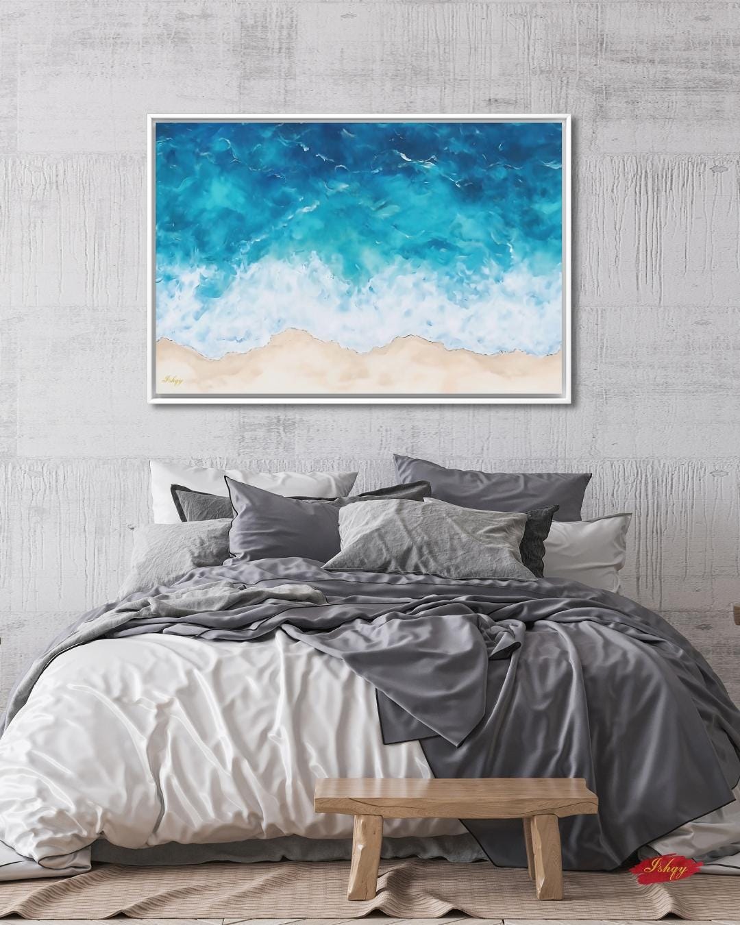 Ocean Wave Beach Canvas & Framed Canvas Wall Art, Coastal Seascape Painting, Tropical Blue Sea Home Decor Art Print