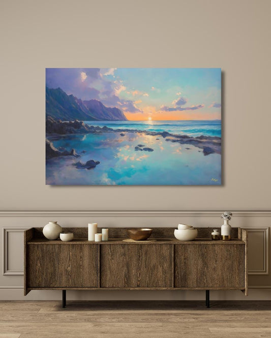 Makapuʻu Tide Pools Painting, Canvas & Framed Canvas Hawaii Wall Art, Coastal Ocean Sunset Home Decor Art Print