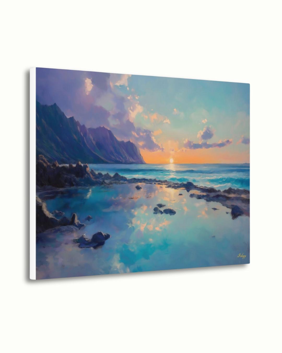 Makapuʻu Tide Pools Painting, Canvas & Framed Canvas Hawaii Wall Art, Coastal Ocean Sunset Home Decor Art Print