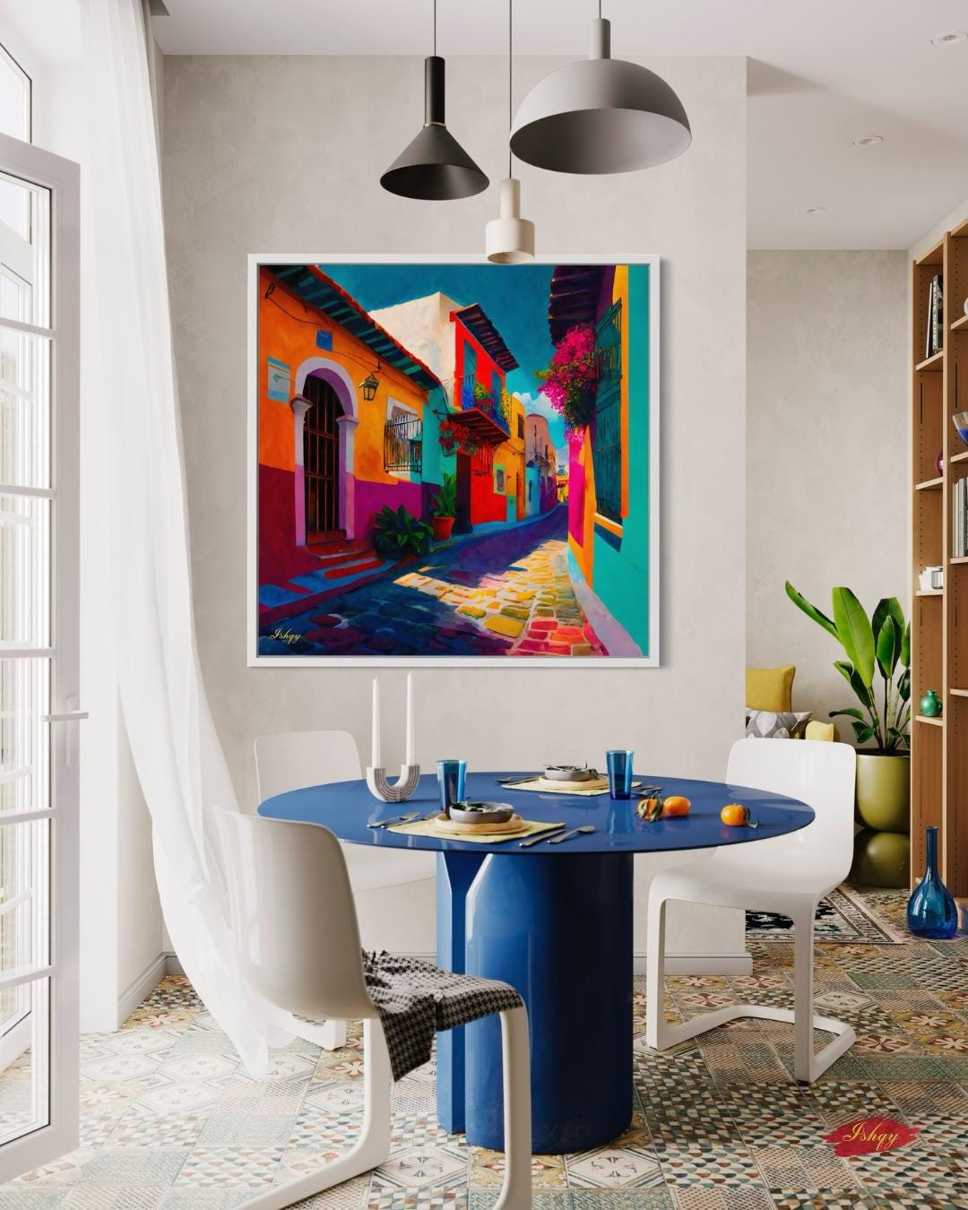 Mexican Village Cityscape Painting Canvas Framed Canvas, Colorful Street Art Print, Mexico Wall Art For Living Room, Boho Home Decor, Office