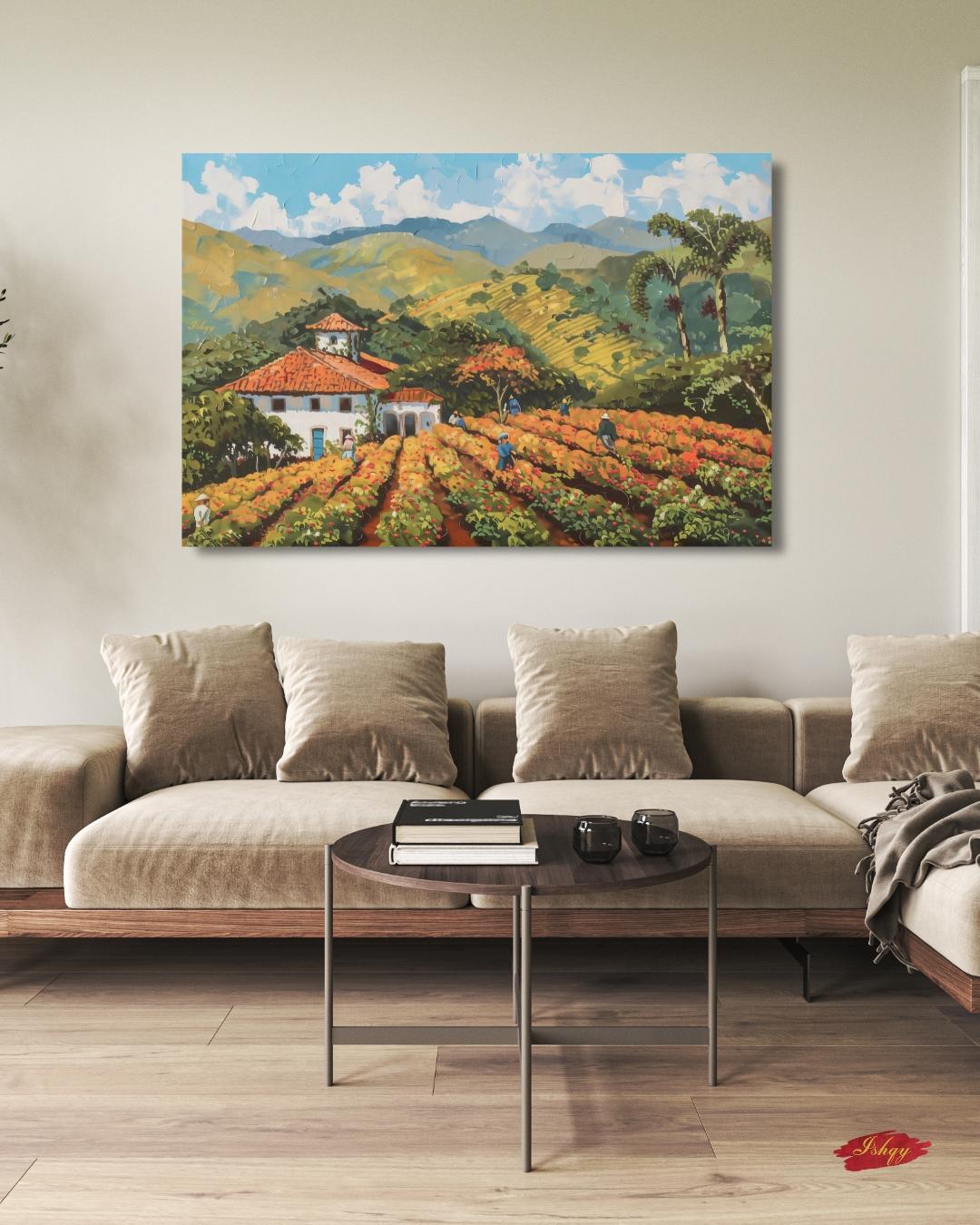 Minas Gerais Coffee Farm Painting, Canvas & Framed Canvas Brazil Landscape Wall Art, Rustic Farmhouse Country Home Decor Kitchen Art Print