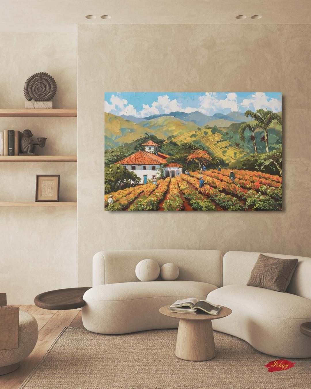 Minas Gerais Coffee Farm Painting, Canvas & Framed Canvas Brazil Landscape Wall Art, Rustic Farmhouse Country Home Decor Kitchen Art Print