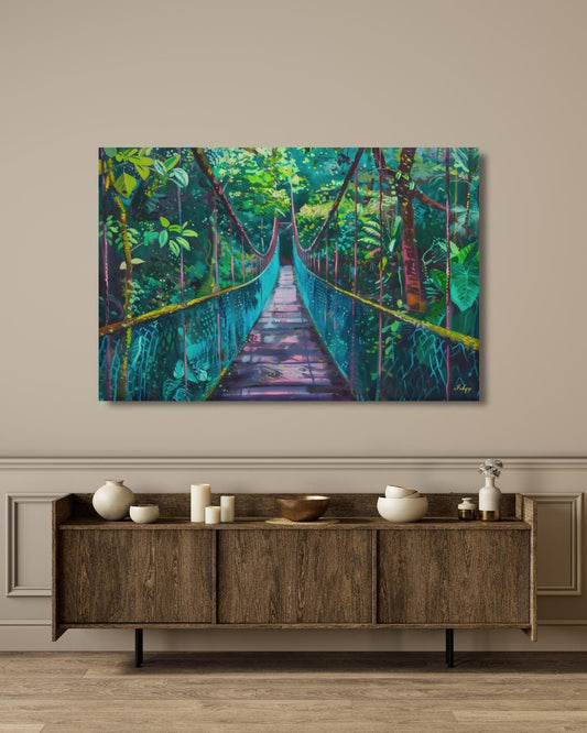 Monteverde Hanging Bridge Painting Print on Canvas & Framed Canvas Costa Rica Wall Art, Tropical Rainforest Jungle Home Decor Art Print