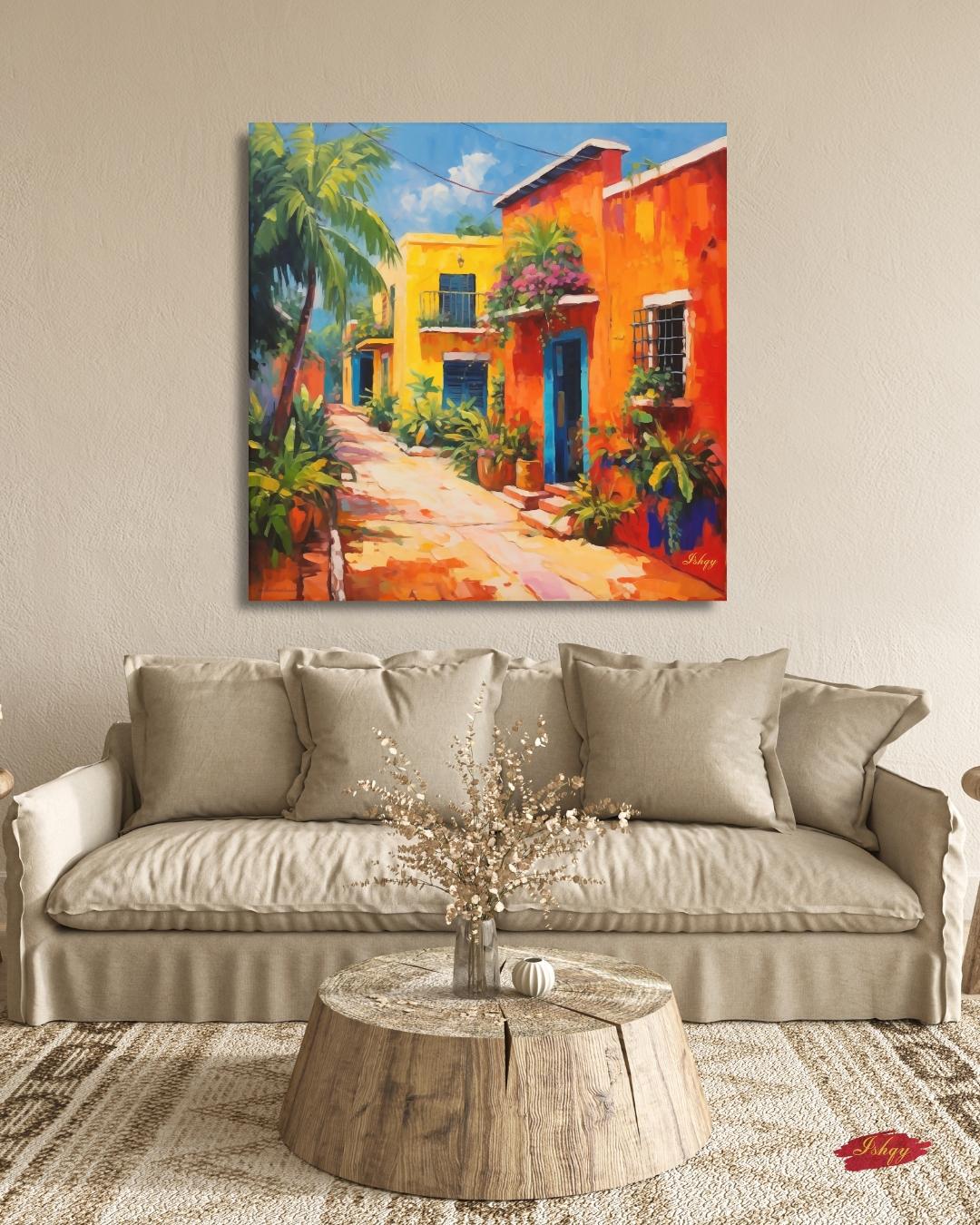 Merida Yucatan Street Painting Print on Canvas & Framed Canvas Mexico Wall Art, Colorful Colonial Home Decor Art Print