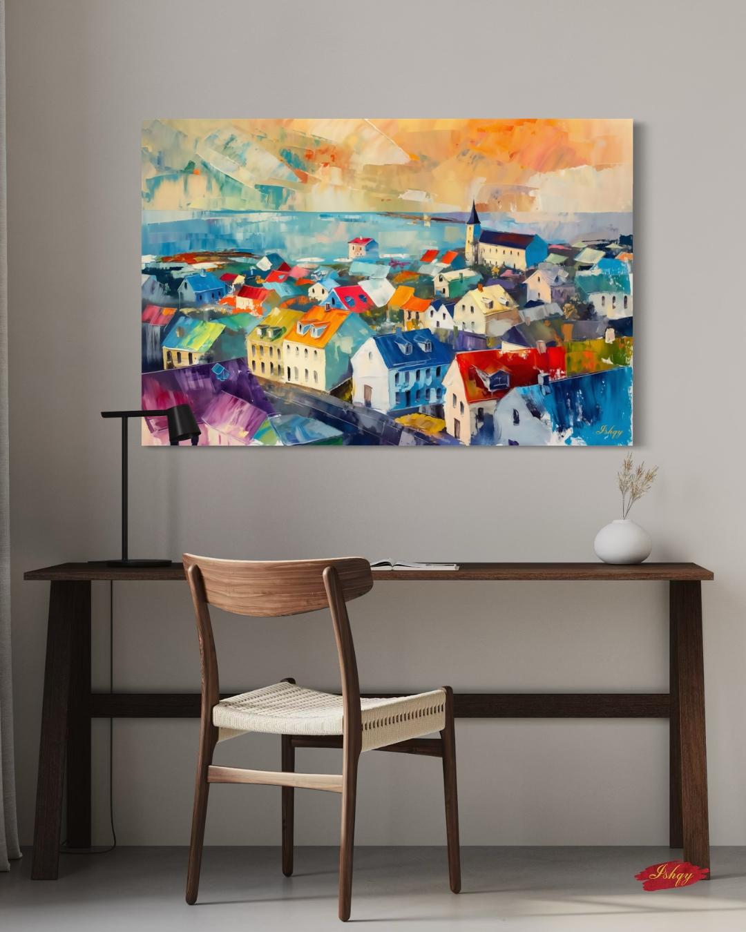 Reykjavik Cityscape Painting, Canvas & Framed Canvas Iceland Wall Art, Colorful Reykjavik Skyline Home Decor Nordic Coastal Art Print