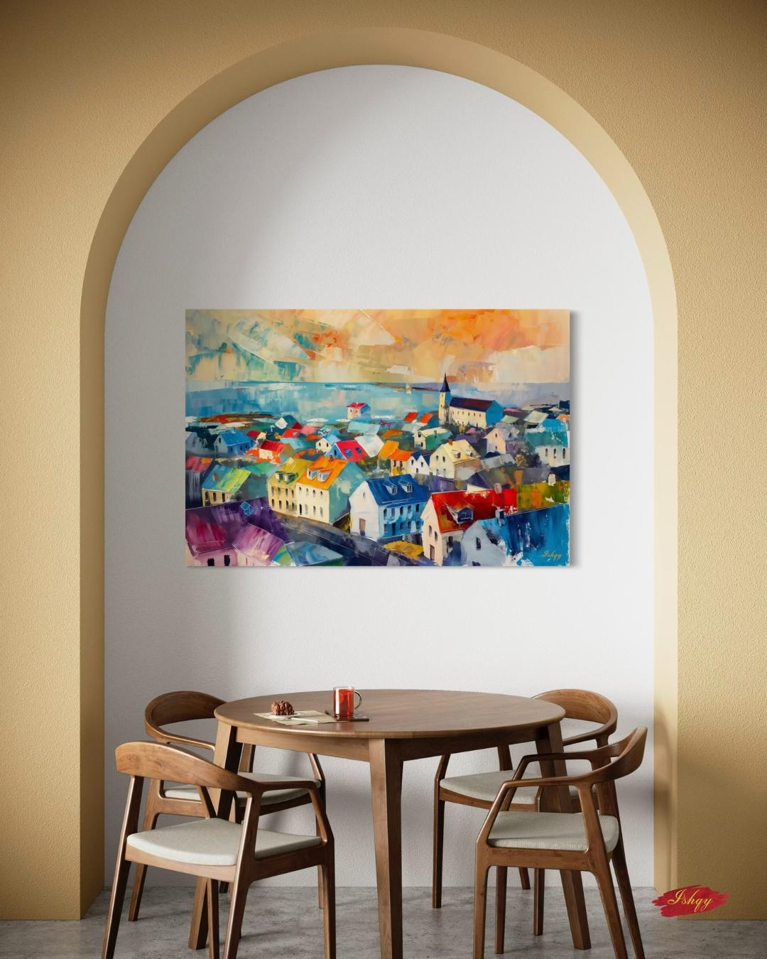Reykjavik Cityscape Painting, Canvas & Framed Canvas Iceland Wall Art, Colorful Reykjavik Skyline Home Decor Nordic Coastal Art Print