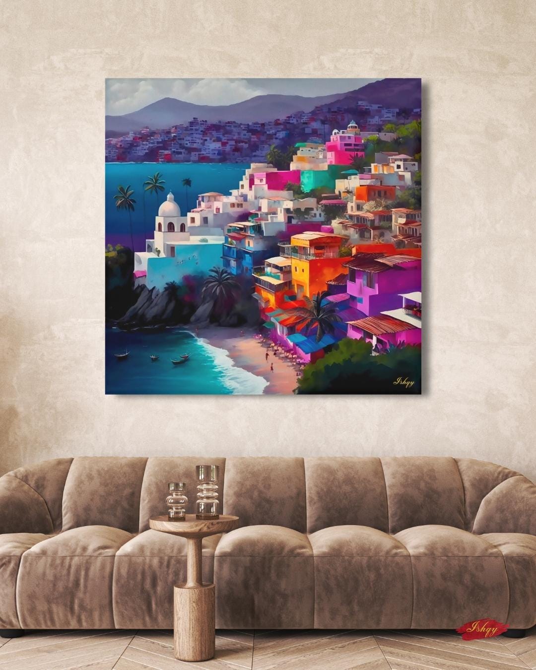Acapulco Painting, Canvas & Framed Canvas Mexico Wall Art, Colorful Coastal Cityscape Decor, Tropical Beach Art Print, Living Room Decor