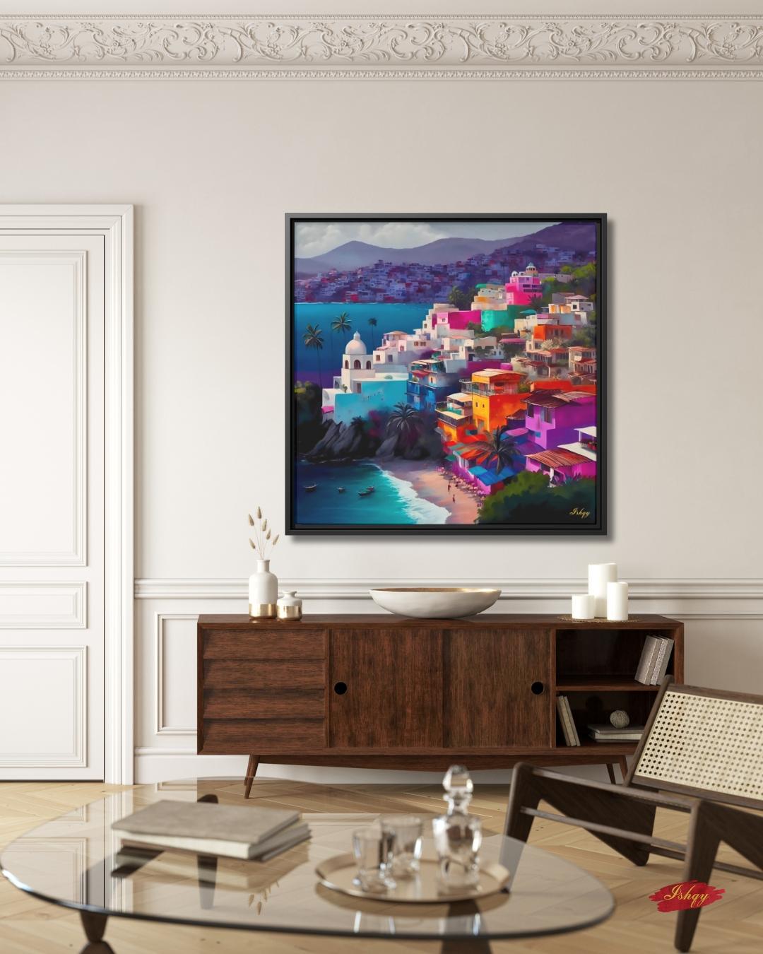 Acapulco Painting, Canvas & Framed Canvas Mexico Wall Art, Colorful Coastal Cityscape Decor, Tropical Beach Art Print, Living Room Decor