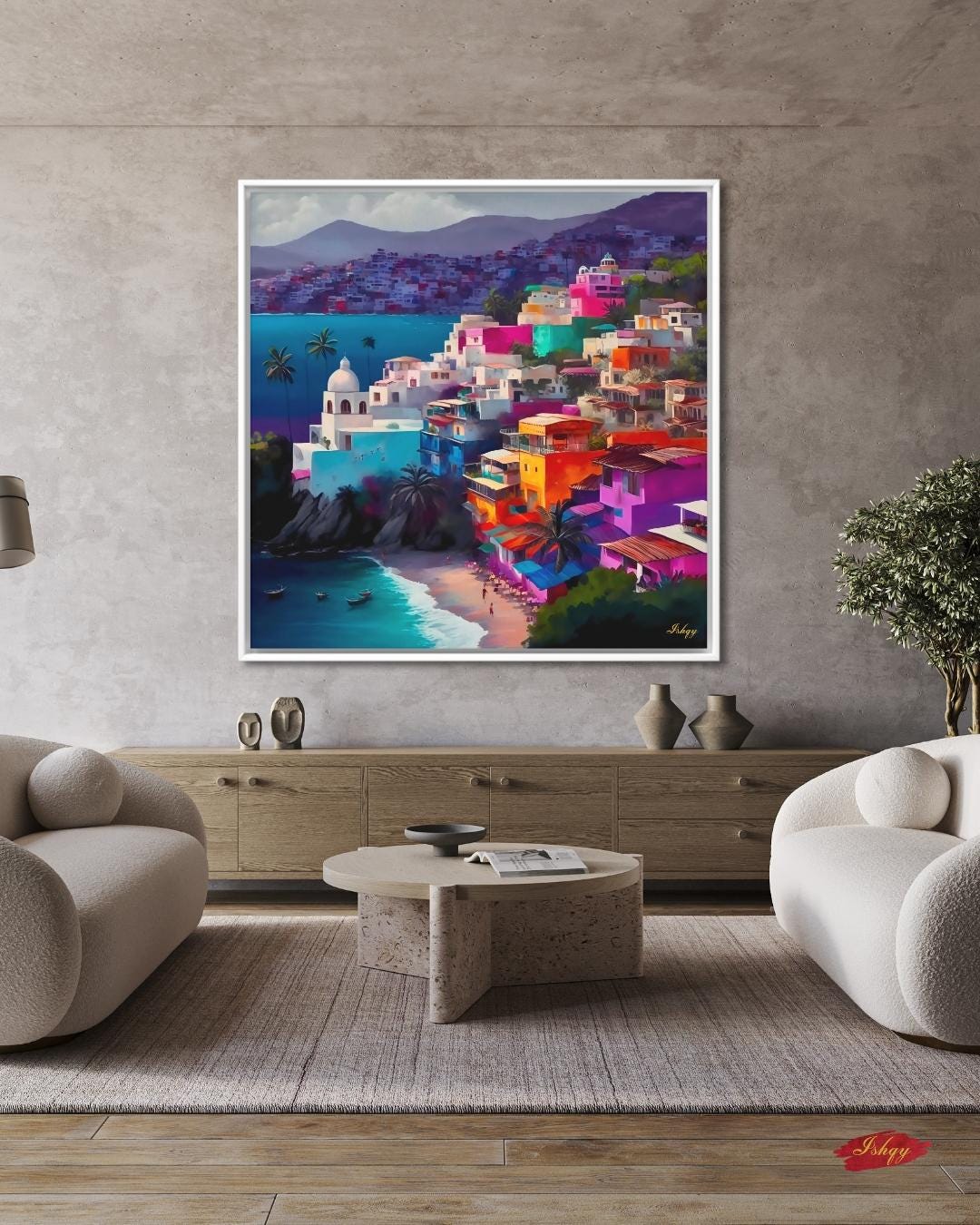 Acapulco Painting, Canvas & Framed Canvas Mexico Wall Art, Colorful Coastal Cityscape Decor, Tropical Beach Art Print, Living Room Decor