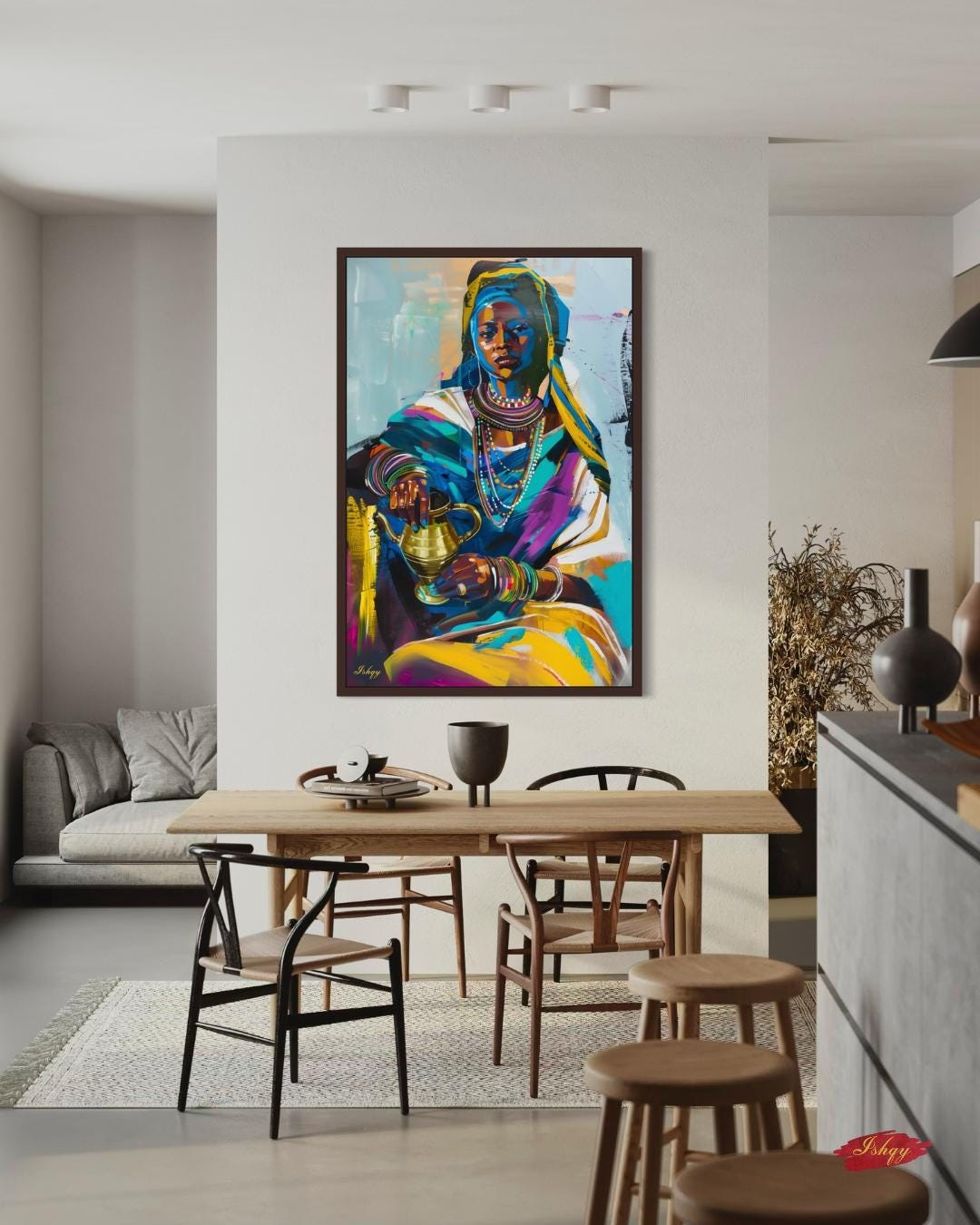 Ethiopian Woman Coffee Ceremony Painting Print, Canvas & Framed Canvas African Wall Art, Afrocentric Home Decor, Colorful Portrait Art Print