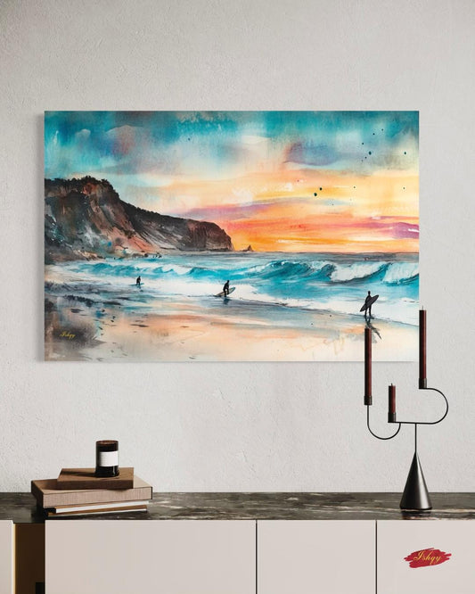 Todos Santos Surf Beach Painting, Canvas & Framed Canvas Mexico Coastal Wall Art, Sunset Ocean Waves Surfer Home Decor Art Print