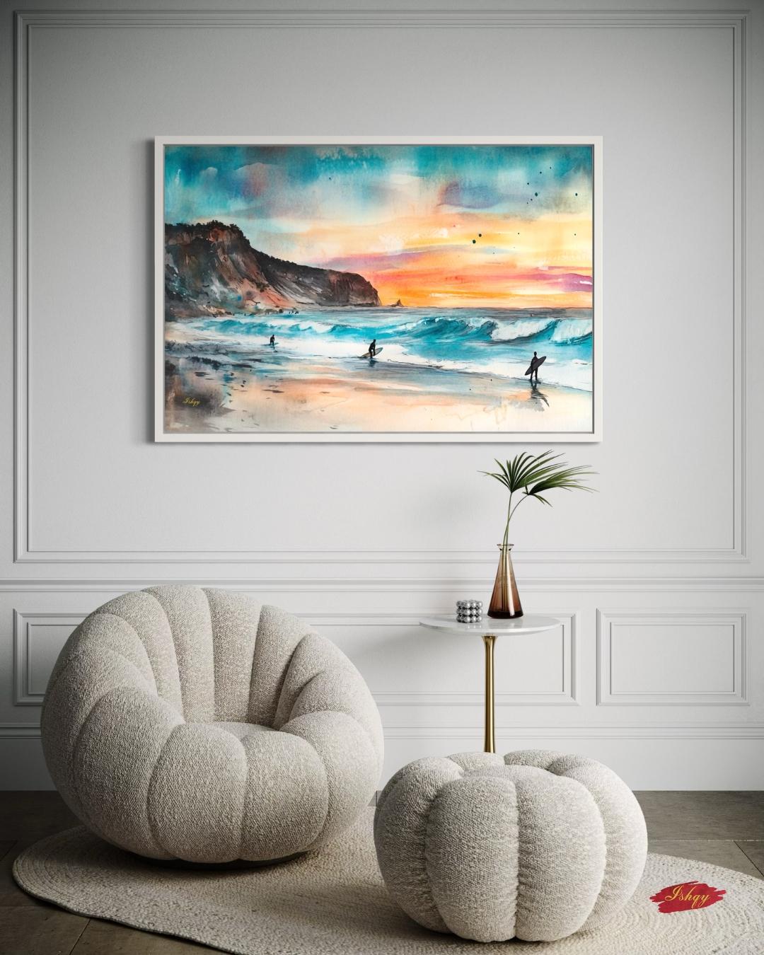 Todos Santos Surf Beach Painting, Canvas & Framed Canvas Mexico Coastal Wall Art, Sunset Ocean Waves Surfer Home Decor Art Print