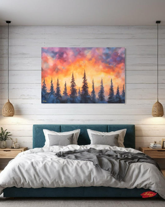 Sunset Pine Forest Painting, Canvas & Framed Canvas Evergreen Tree Wall Art, Colorful Sky Landscape Home Decor Art Print