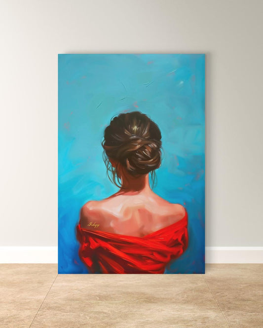 Female Portrait Painting Canvas Framed Canvas, Woman In Red Art Print, Modern Living Room Wall Art, Minimalist Figure Decor, Blue Background