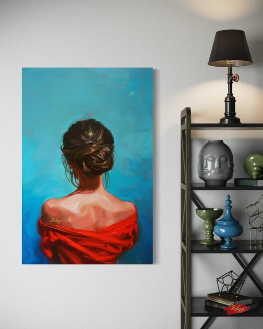 Female Portrait Painting Canvas Framed Canvas, Woman In Red Art Print, Modern Living Room Wall Art, Minimalist Figure Decor, Blue Background