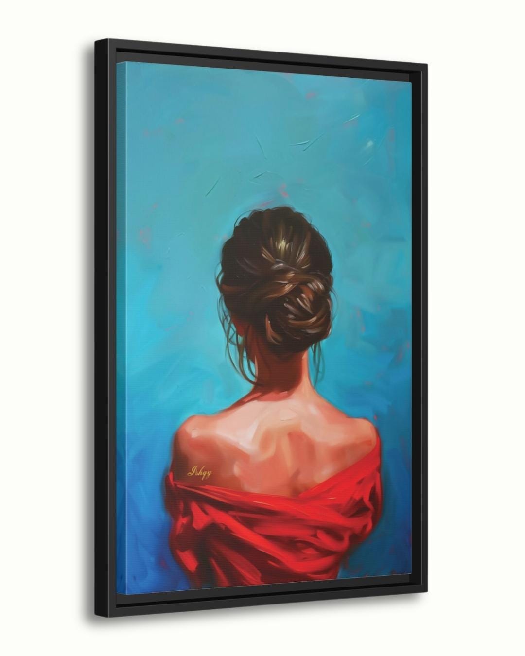 Female Portrait Painting Canvas Framed Canvas, Woman In Red Art Print, Modern Living Room Wall Art, Minimalist Figure Decor, Blue Background