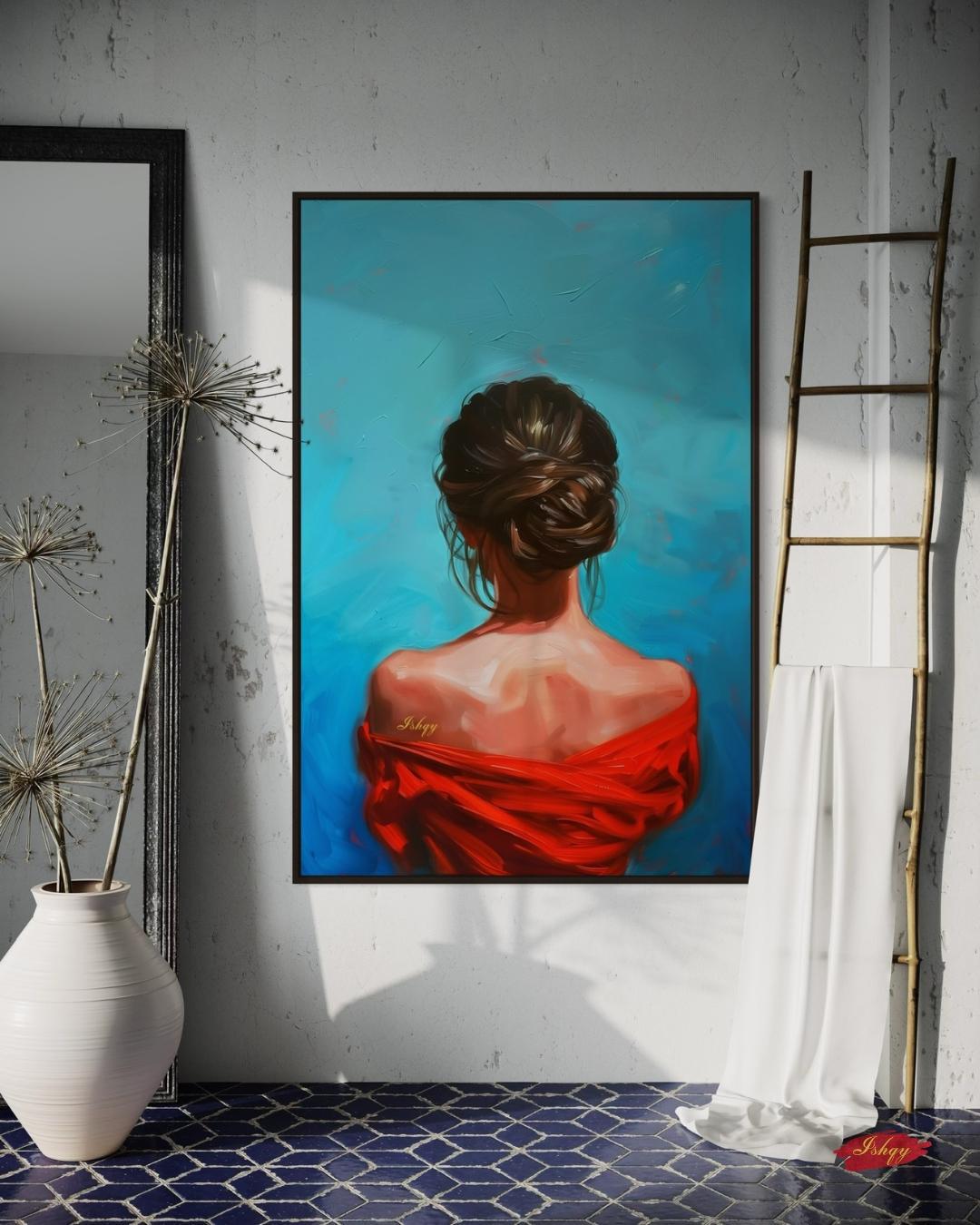 Female Portrait Painting Canvas Framed Canvas, Woman In Red Art Print, Modern Living Room Wall Art, Minimalist Figure Decor, Blue Background