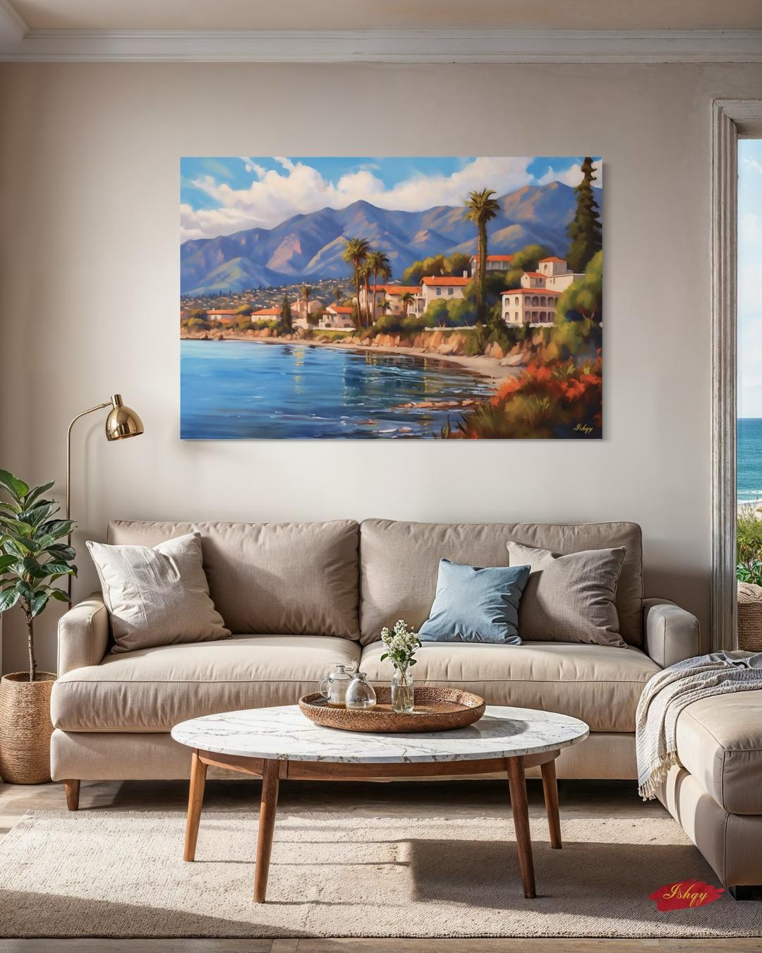 Santa Barbara Coast Landscape Canvas Framed Canvas, coastal painting art print wall decor, California wall art for living room, office decor
