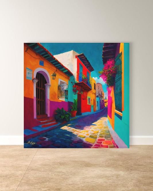 Mexican Village Cityscape Painting Canvas Framed Canvas, Colorful Street Art Print, Mexico Wall Art For Living Room, Boho Home Decor, Office