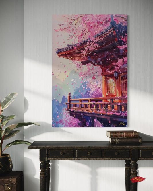 Kyoto Temple Cherry Blossom Painting Canvas Framed Canvas, Sakura Japan Art Print, Asian Wall Art For Living Room Bedroom, Zen Japan Decor