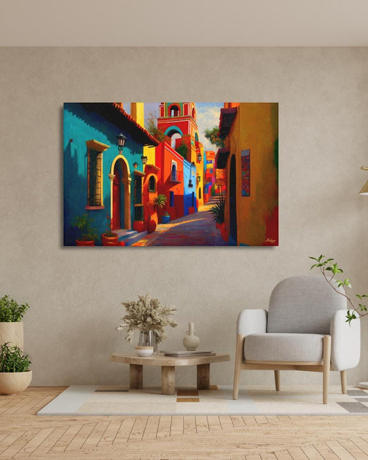 Mexican Village Cityscape Painting Canvas Framed Canvas, Colorful Colonial Street Art Print, Mexico Wall Art For Living Room Bedroom Decor