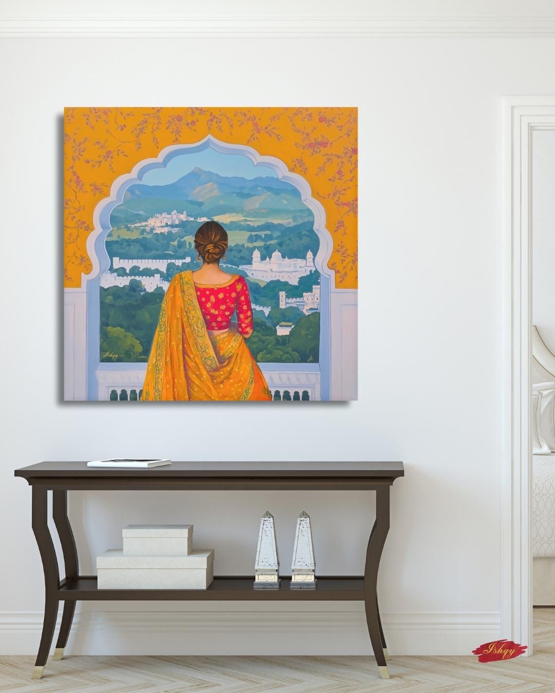 Rajasthan Palace View Indian Woman Wall Art Print, Canvas, Framed Canvas, Saree Jharokha Painting, Boho Home Decor for Living Room Bedroom