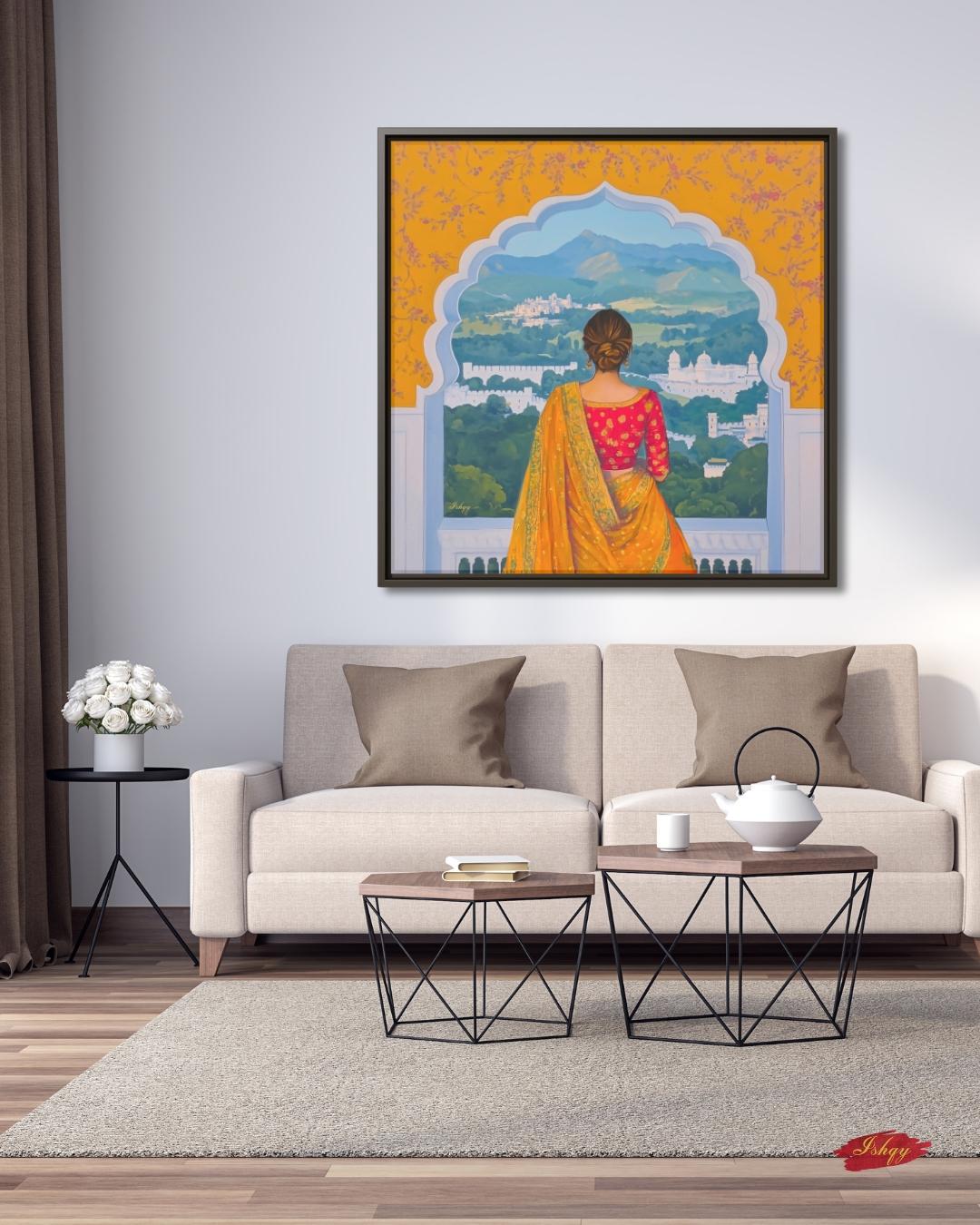 Rajasthan Palace View Indian Woman Wall Art Print, Canvas, Framed Canvas, Saree Jharokha Painting, Boho Home Decor for Living Room Bedroom
