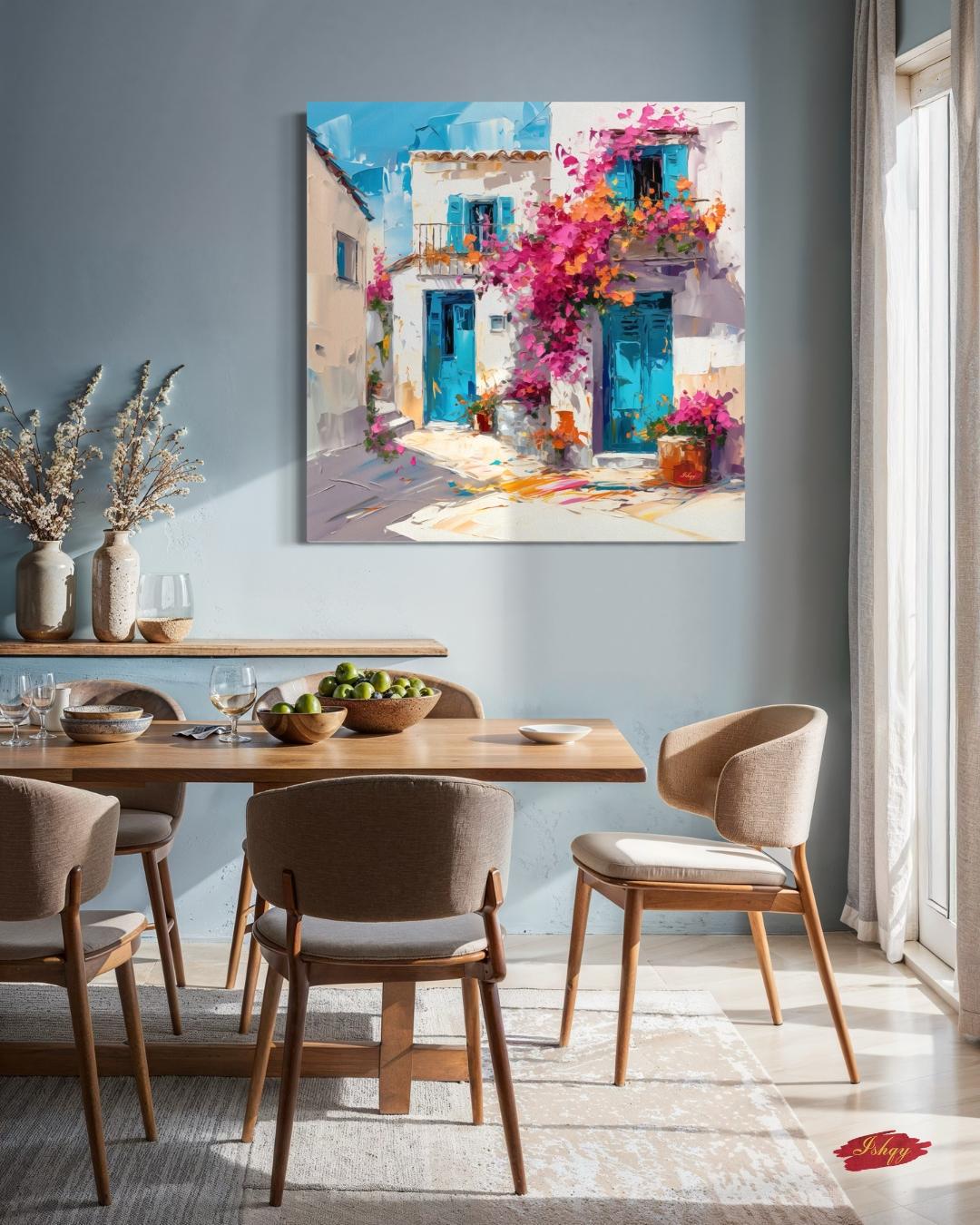 Greek Island House Wall Art Print Canvas Framed Canvas Whitewashed Blue Doors Bougainvillea Mediterranean Coastal Village Painting Decor