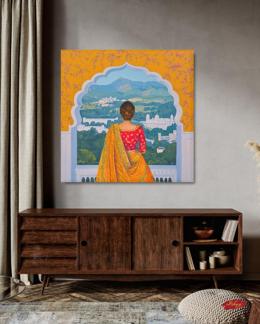 Rajasthan Palace View Indian Woman Wall Art Print, Canvas, Framed Canvas, Saree Jharokha Painting, Boho Home Decor for Living Room Bedroom
