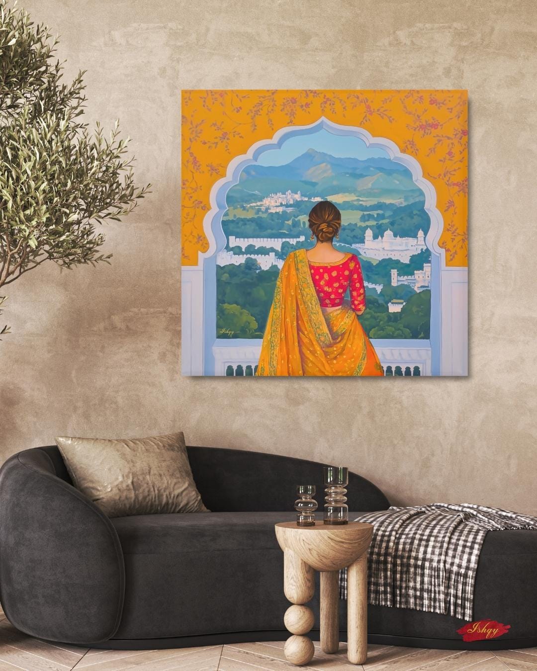 Rajasthan Palace View Indian Woman Wall Art Print, Canvas, Framed Canvas, Saree Jharokha Painting, Boho Home Decor for Living Room Bedroom
