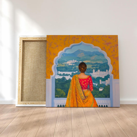 Rajasthan Palace View Indian Woman Wall Art Print, Canvas, Framed Canvas, Saree Jharokha Painting, Boho Home Decor for Living Room Bedroom