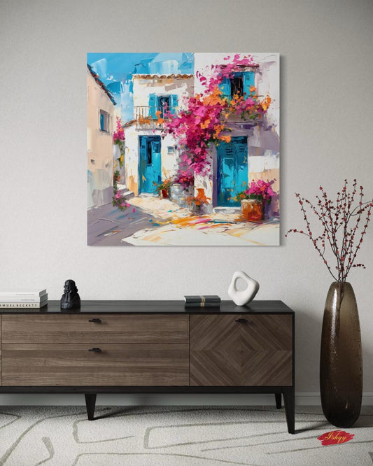 Greek Island House Wall Art Print Canvas Framed Canvas Whitewashed Blue Doors Bougainvillea Mediterranean Coastal Village Painting Decor
