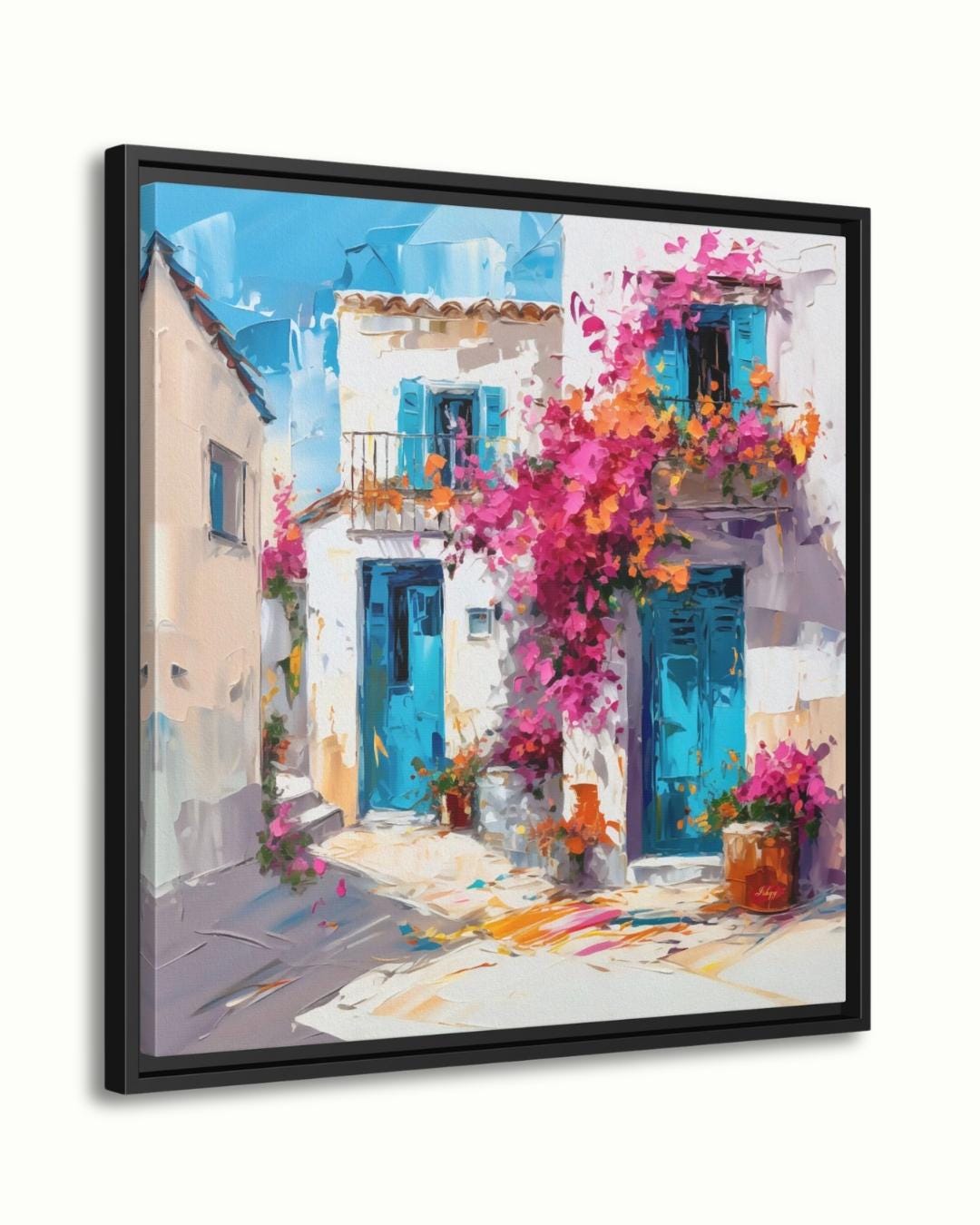 Greek Island House Wall Art Print Canvas Framed Canvas Whitewashed Blue Doors Bougainvillea Mediterranean Coastal Village Painting Decor