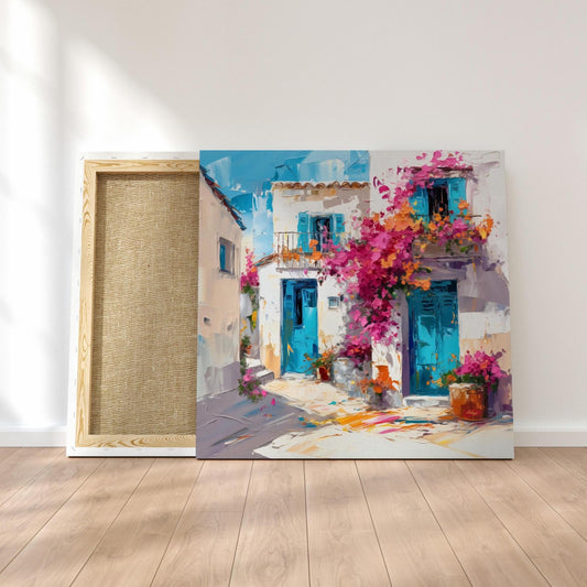 Greek Island House Wall Art Print Canvas Framed Canvas Whitewashed Blue Doors Bougainvillea Mediterranean Coastal Village Painting Decor