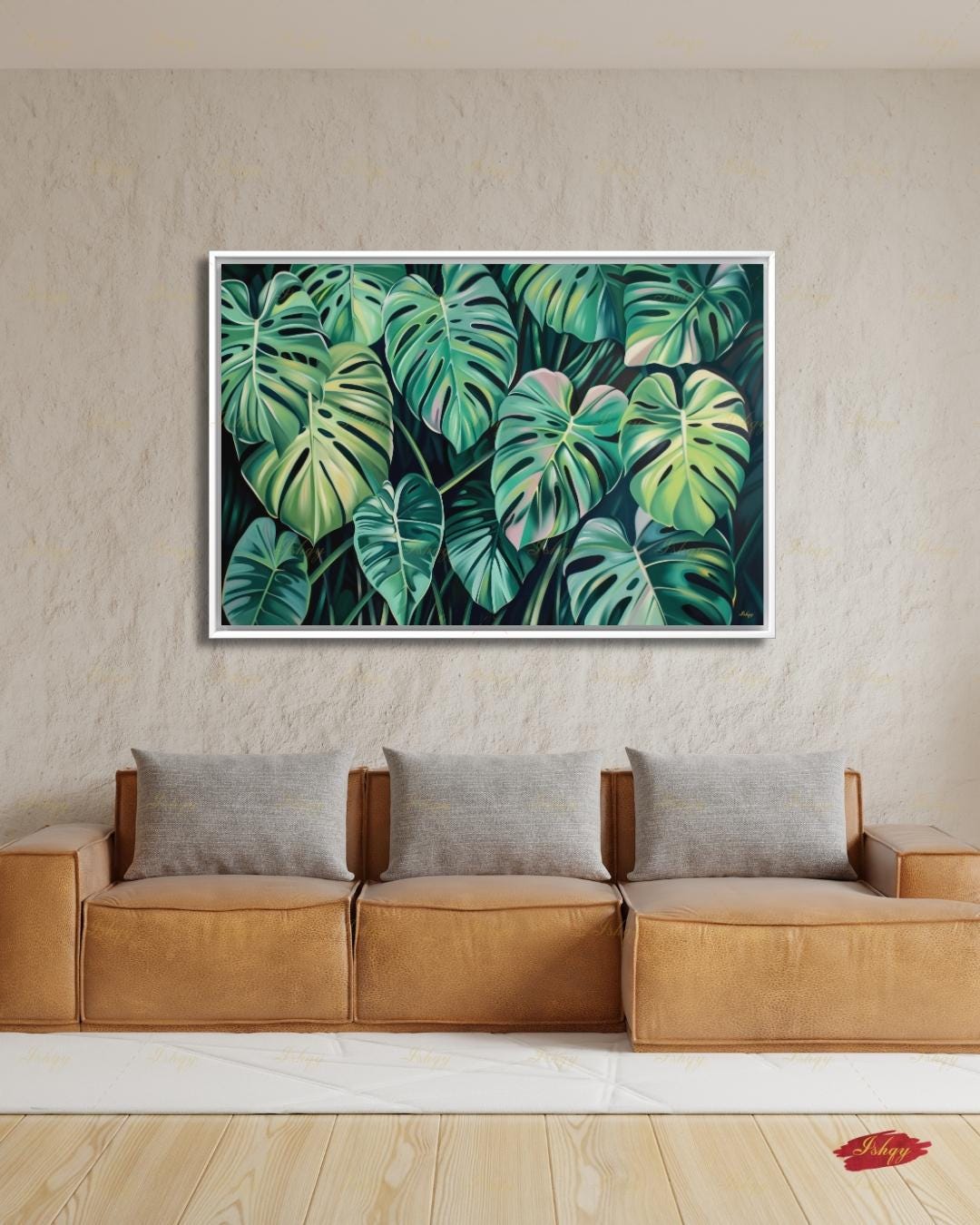 Monstera Leaf Wall Art, Tropical Botanical Canvas Print, Green Plant Decor, Modern Jungle Painting, Boho Living Room Bedroom Home Wall Decor