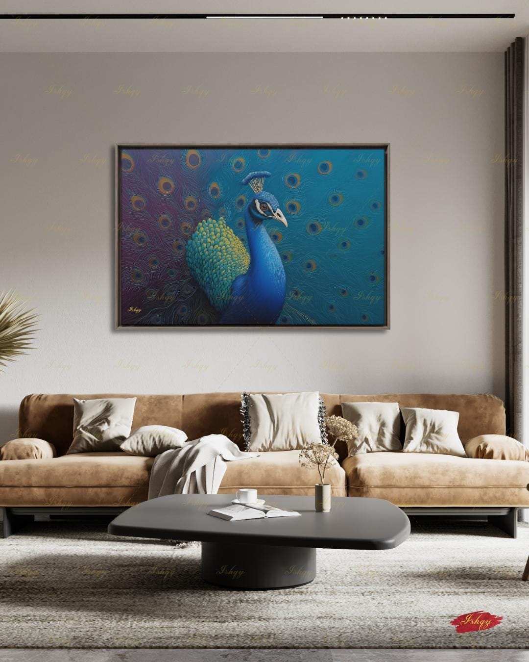 Peacock Wall Art Canvas Print, Blue Teal Bird Painting, Boho Glam Decor, Maximalist Botanical Style, Statement Living Room Artwork