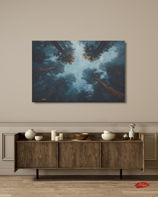 Forest Wall Art, Looking Up Trees Canvas, Misty Redwood Canopy Print, Moody Pine Sky View, Nature Landscape Decor, Large Wall Art Gift Print