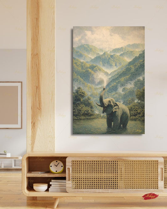 Elephant Wall Art Canvas Print, Misty Jungle Landscape, Tropical Rainforest Wildlife Decor, Safari Nursery Wall Decor, Nature Lover Gift Art