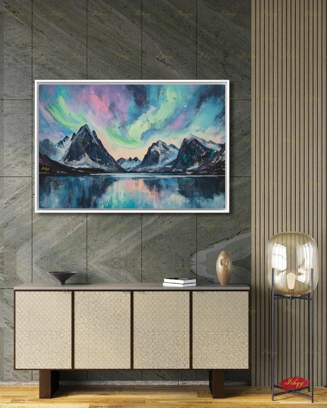 Northern Lights Wall Art, Aurora Borealis Canvas Print, Norway Mountain Lake Decor, Teal Night Sky Art, Living Room Framed Canvas Gift