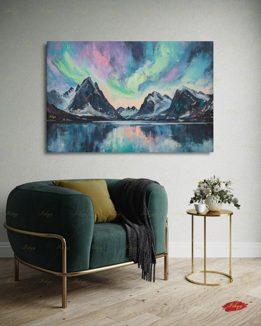 Northern Lights Wall Art, Aurora Borealis Canvas Print, Norway Mountain Lake Decor, Teal Night Sky Art, Living Room Framed Canvas Gift