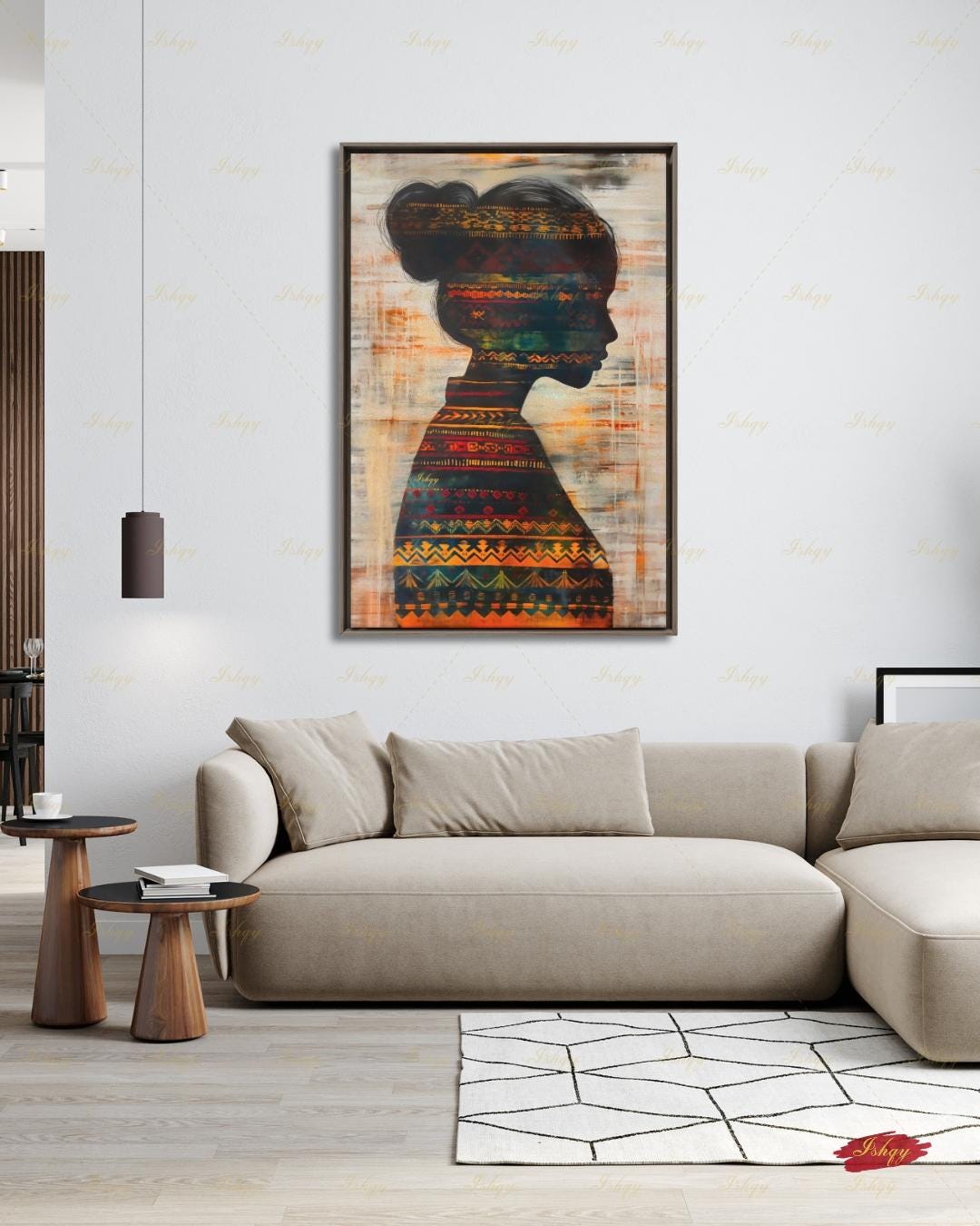 Colombian Woman Wall Art, Tribal Textile Silhouette Canvas Print, Boho Latin America Decor, Warm Earth Tone Portrait, Framed Canvas Gift