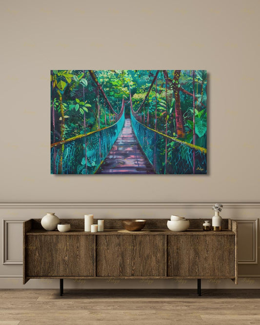 Monteverde Wall Art, Costa Rica Rainforest Bridge Canvas Print, Jungle Tropical Decor, Nature Lover Gift, Framed Canvas, Travel Art