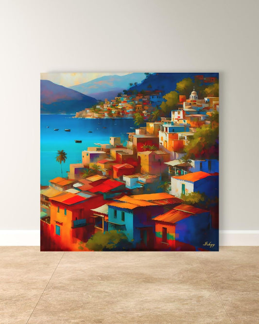 Acapulco Wall Art, Colorful Mexican Coastal City Canvas Painting, Vibrant Beach Houses Artwork for Home and Living Room Decor