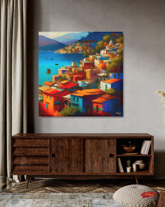 Acapulco Wall Art, Colorful Mexican Coastal City Canvas Painting, Vibrant Beach Houses Artwork for Home and Living Room Decor