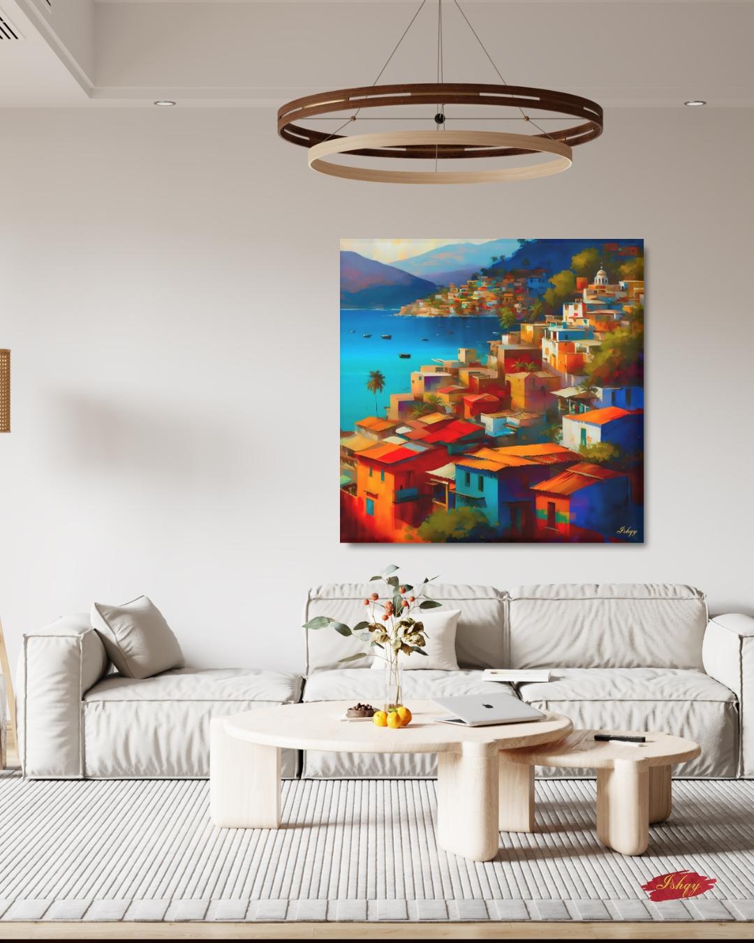 Acapulco Wall Art, Colorful Mexican Coastal City Canvas Painting, Vibrant Beach Houses Artwork for Home and Living Room Decor