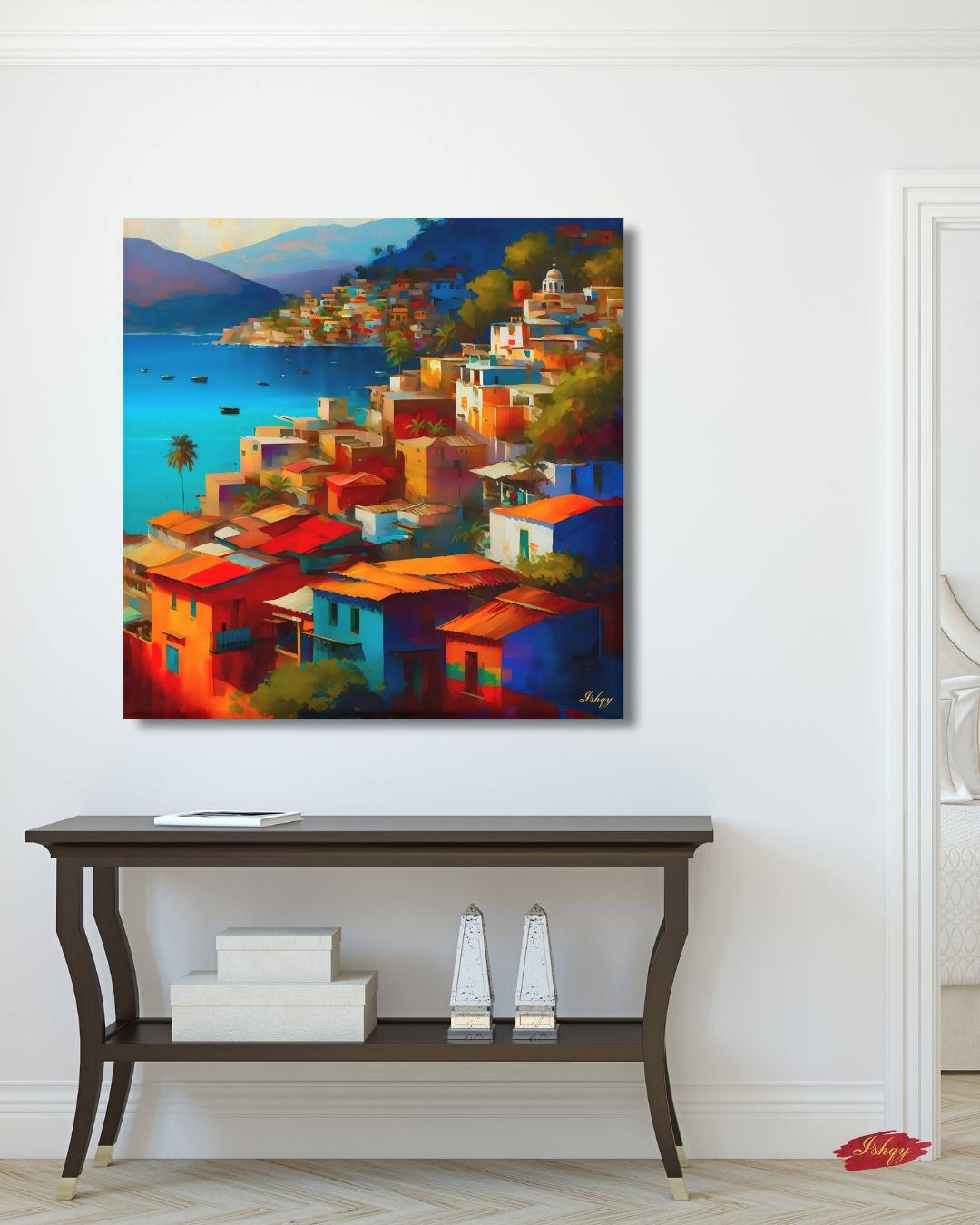 Acapulco Wall Art, Colorful Mexican Coastal City Canvas Painting, Vibrant Beach Houses Artwork for Home and Living Room Decor