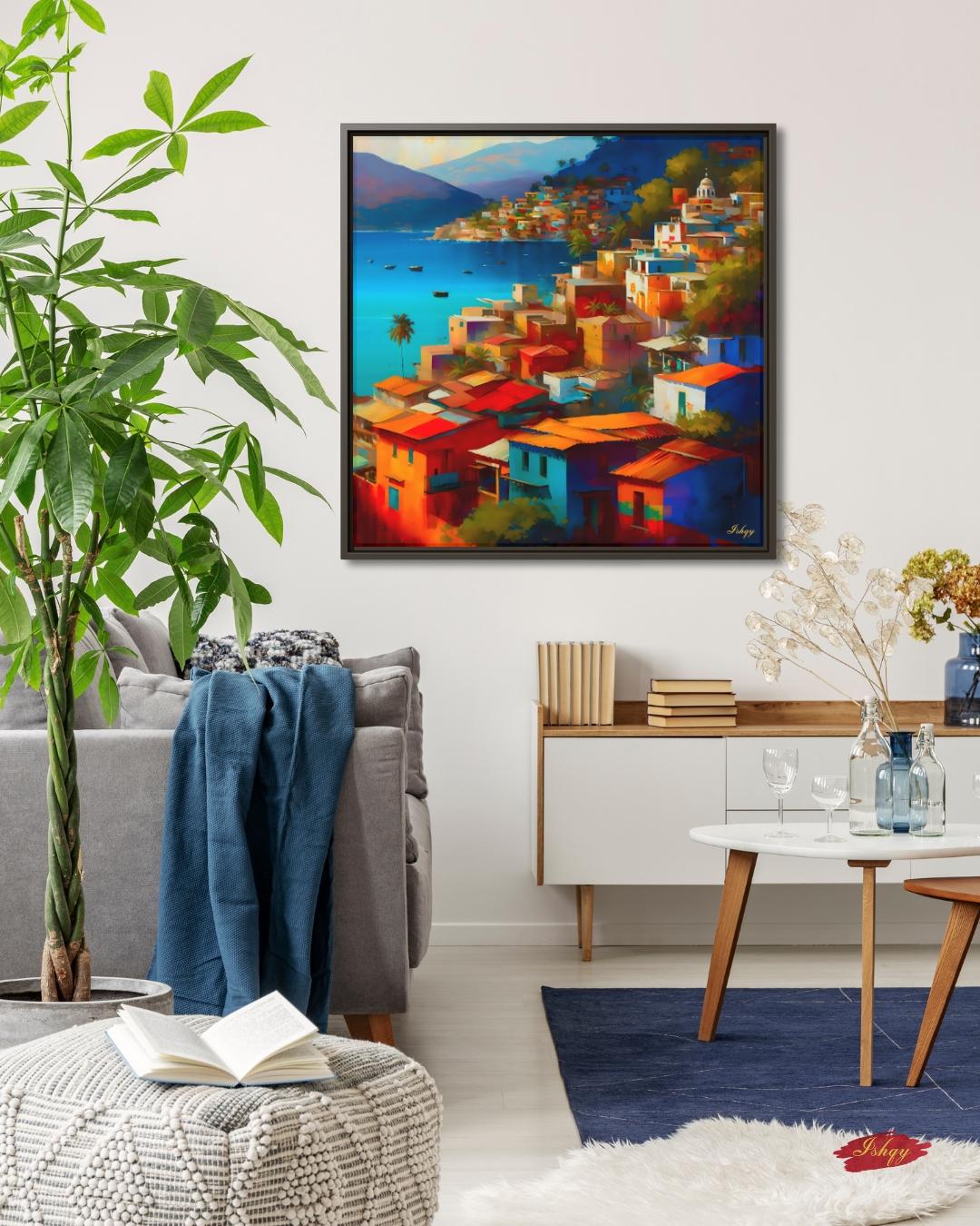 Acapulco Wall Art, Colorful Mexican Coastal City Canvas Painting, Vibrant Beach Houses Artwork for Home and Living Room Decor