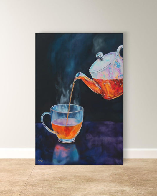 Tea Lover Wall Art, Dark Moody Glass Teapot Canvas Print, Colorful Kitchen Decor, Cozy Tea Room Art, Housewarming Framed Canvas Gift